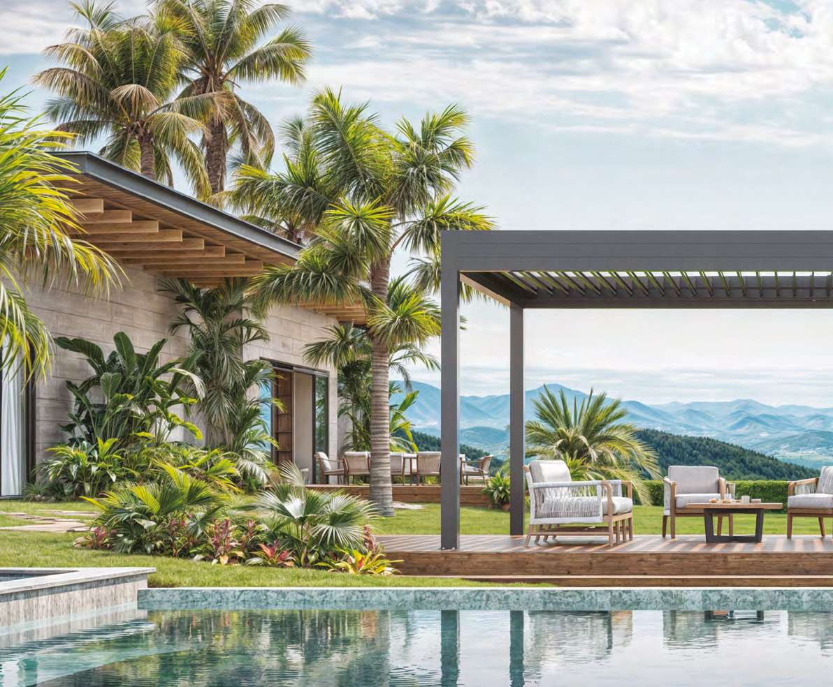 Pérgola de aluminio sobre deck exterior — Hunter Douglas